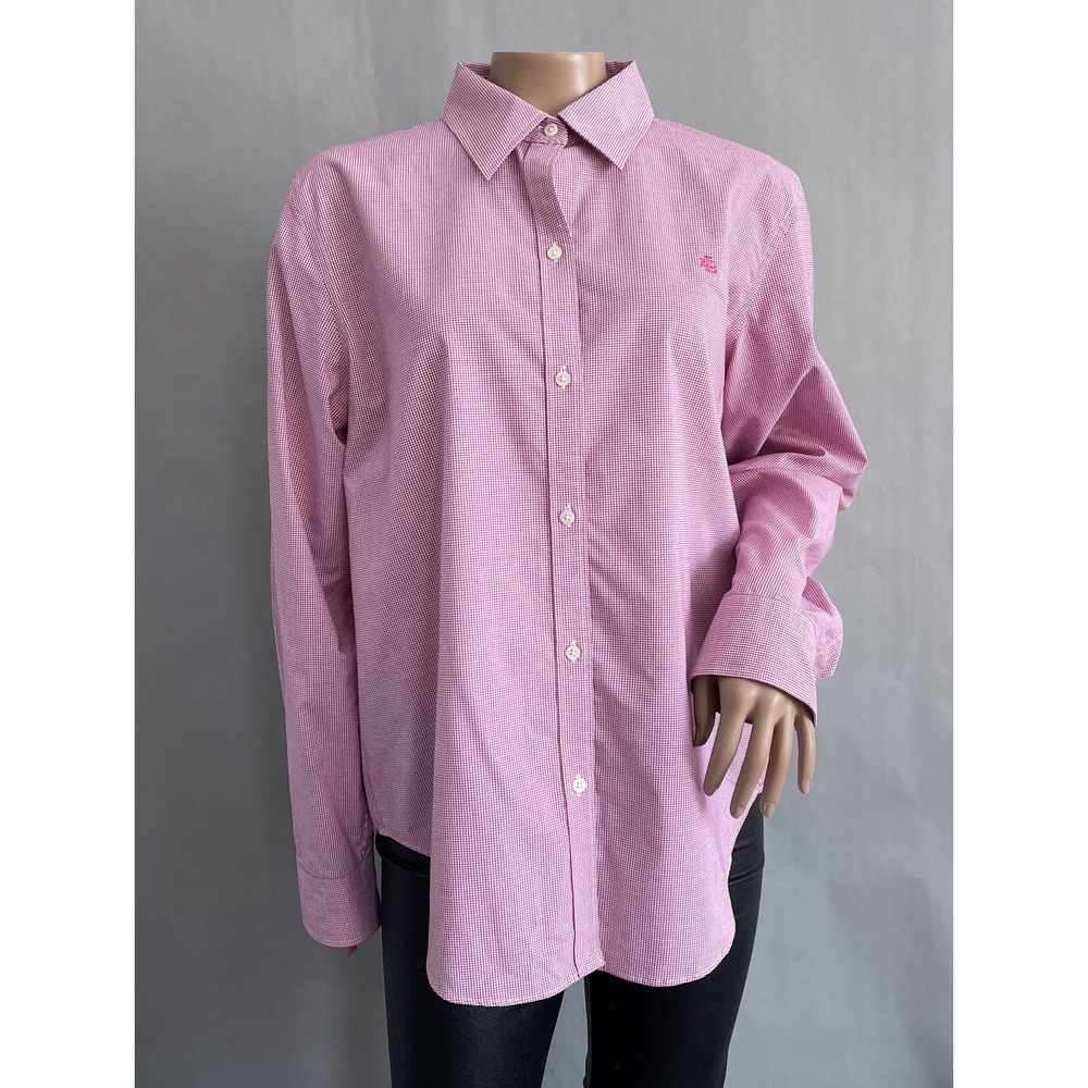 Lauren Ralph Lauren Top Women L LS Button Up Shirt Pink Gingham Check Print Logo